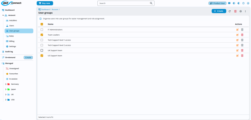 User groups screen showing a list of groups with options to edit or delete.